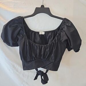 Altar'd State Black Puff-Sleeve Tie-Back Crop Top